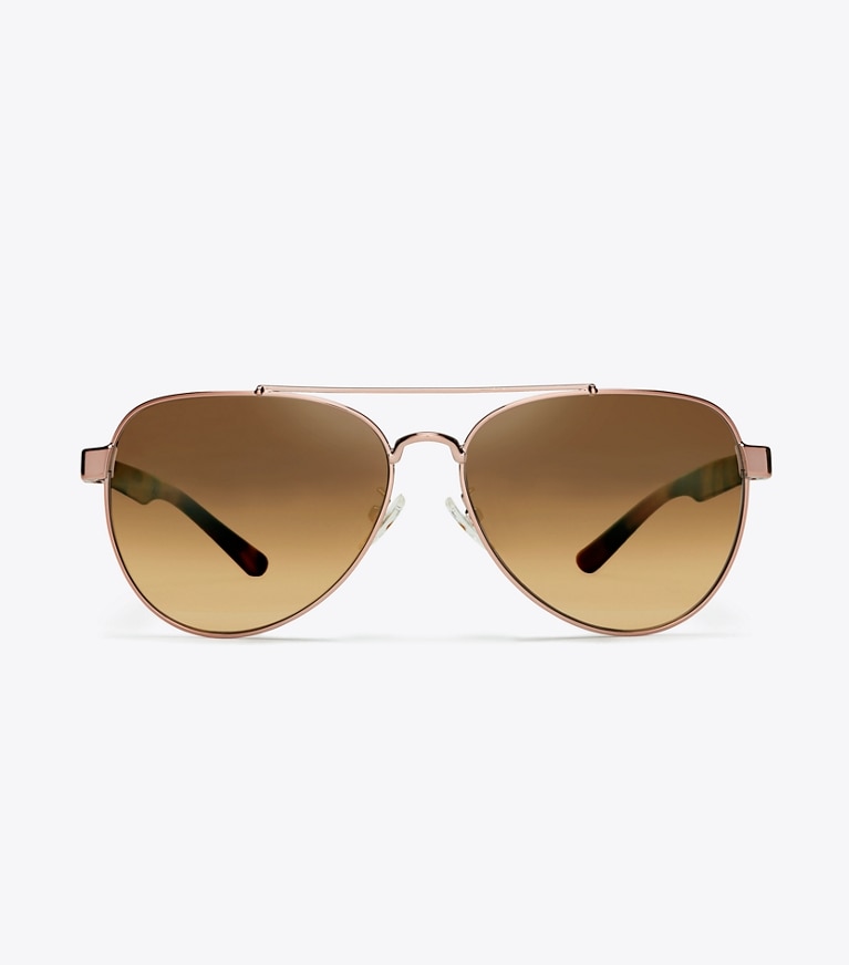 Tory Burch designer occhiali da vista & da sole Occhiali da sole aviator con logo T in Rose Pearl Tortoise/Rose Gold front