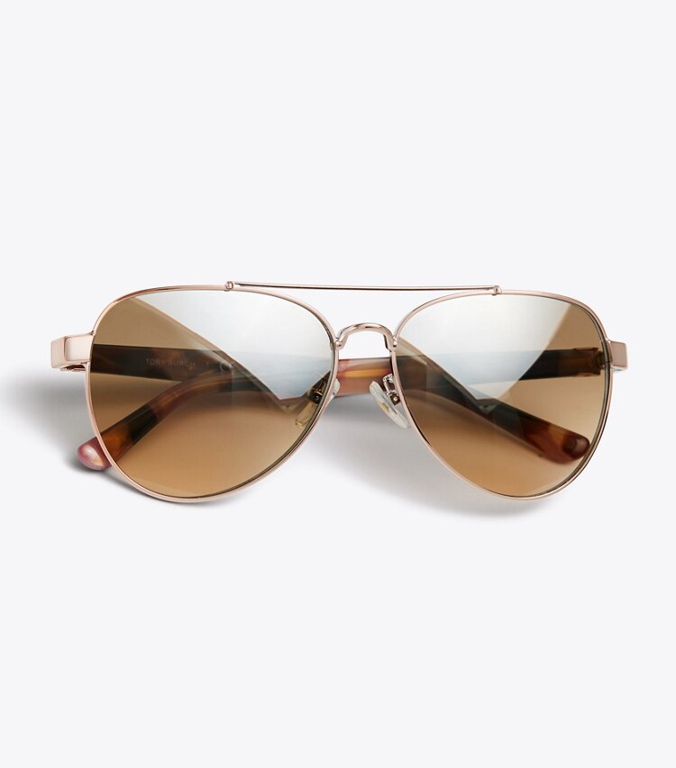 Tory Burch designer occhiali da vista & da sole Occhiali da sole aviator con logo T in Rose Pearl Tortoise/Rose Gold superiore