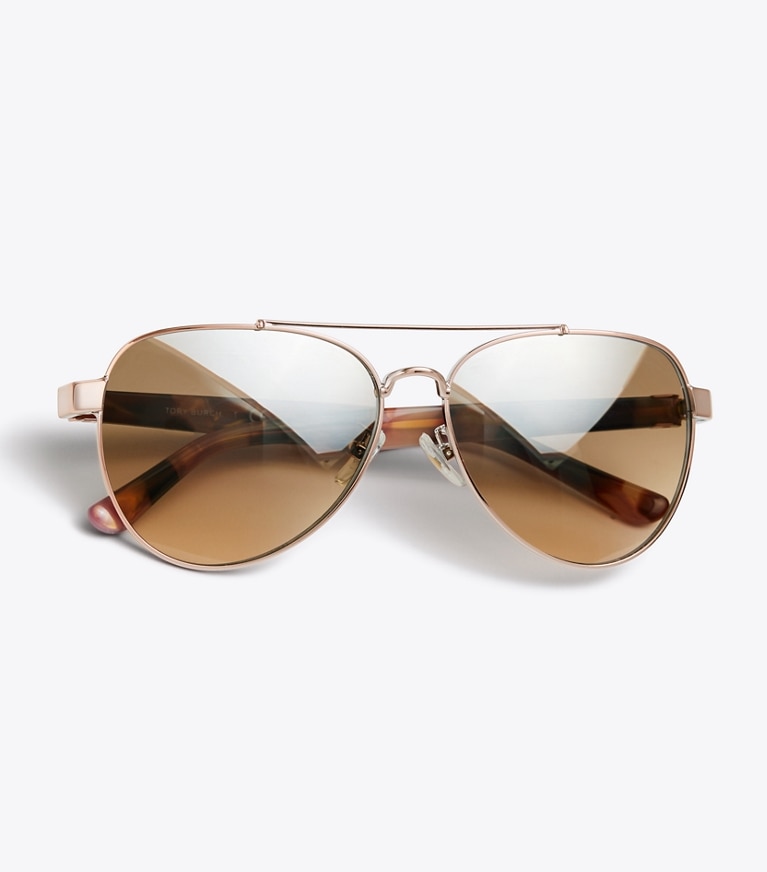 Tory Burch designer occhiali da vista & da sole Occhiali da sole aviator con logo T in Rose Pearl Tortoise/Rose Gold front