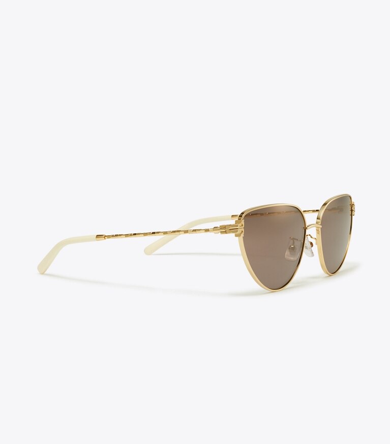 Tory Burch designer occhiali da vista & da sole Occhiali da sole Eleanor in metallo a farfalla in SHINY GOLD/LIGHT PURPLE BROWN MIRROR front