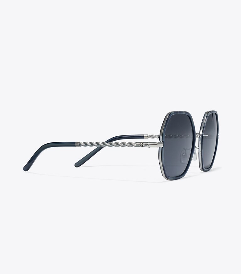 Tory Burch designer occhiali da vista & da sole Occhiali da sole geometrici Eleanor con catena in BLUE HORN/SOLID GREY front