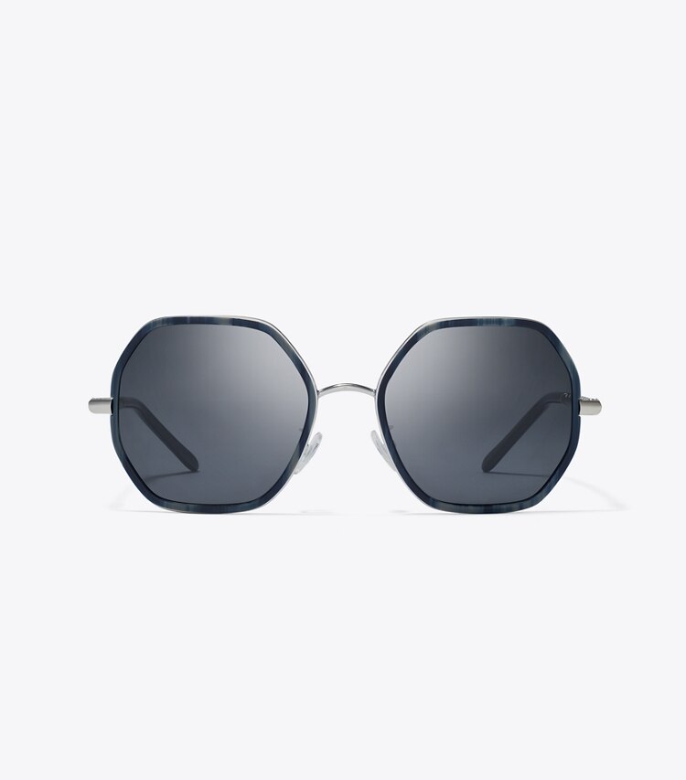 Tory Burch designer occhiali da vista & da sole Occhiali da sole geometrici Eleanor con catena in BLUE HORN/SOLID GREY front