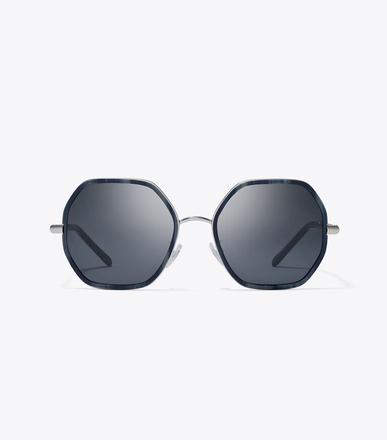 Tory Burch designer occhiali da vista & da sole Occhiali da sole geometrici Eleanor con catena in BLUE HORN/SOLID GREY front