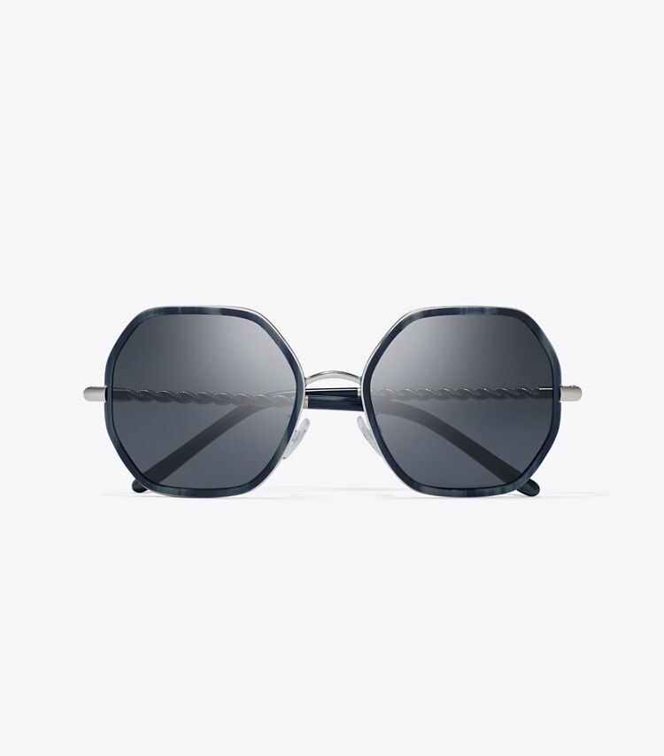Tory Burch designer occhiali da vista & da sole Occhiali da sole geometrici Eleanor con catena in BLUE HORN/SOLID GREY superiore