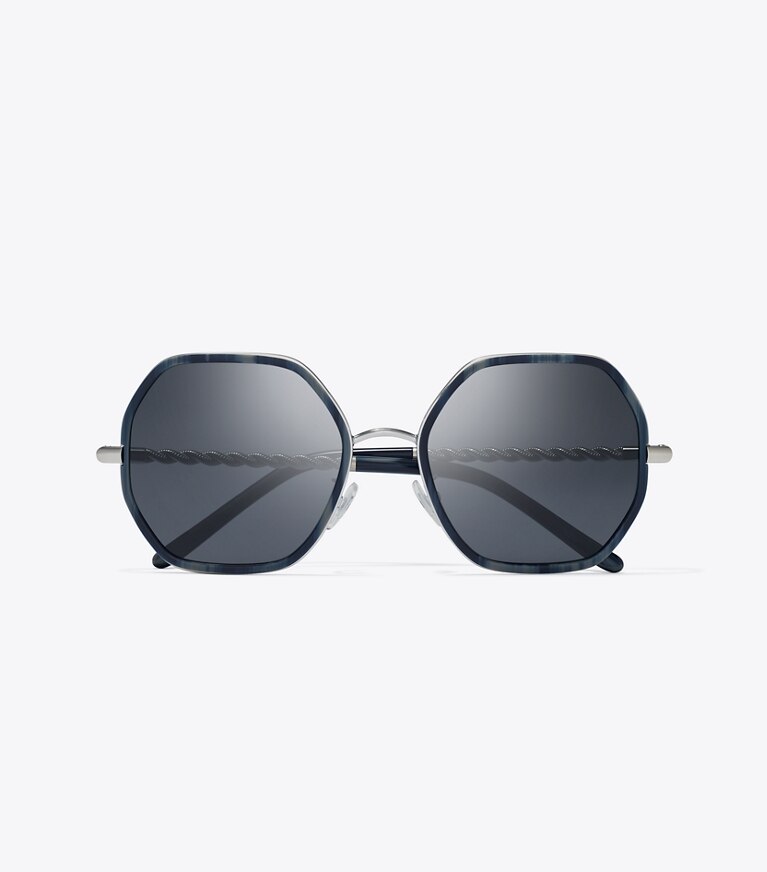 Tory Burch designer occhiali da vista & da sole Occhiali da sole geometrici Eleanor con catena in BLUE HORN/SOLID GREY front