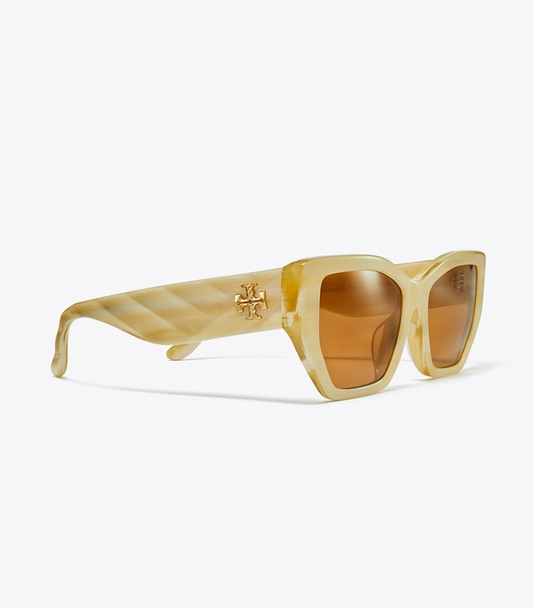 Tory Burch designer occhiali da vista & da sole Occhiali da sole geometrici oversize Kira con aste trapuntate in IVORY HORN/SOLID BROWN dettaglio