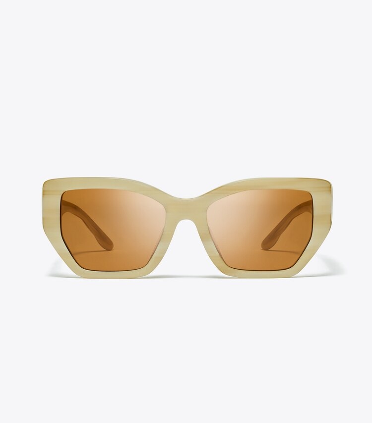 Tory Burch designer occhiali da vista & da sole Occhiali da sole geometrici oversize Kira con aste trapuntate in IVORY HORN/SOLID BROWN front