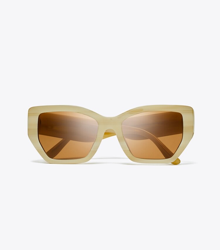 Tory Burch designer occhiali da vista & da sole Occhiali da sole geometrici oversize Kira con aste trapuntate in IVORY HORN/SOLID BROWN superiore