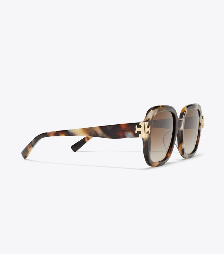 Tory Burch designer occhiali da vista & da sole Occhiali da sole quadrati Eleanor in DARK WAVY TORTOISE/BROWN GRADIENT dettaglio