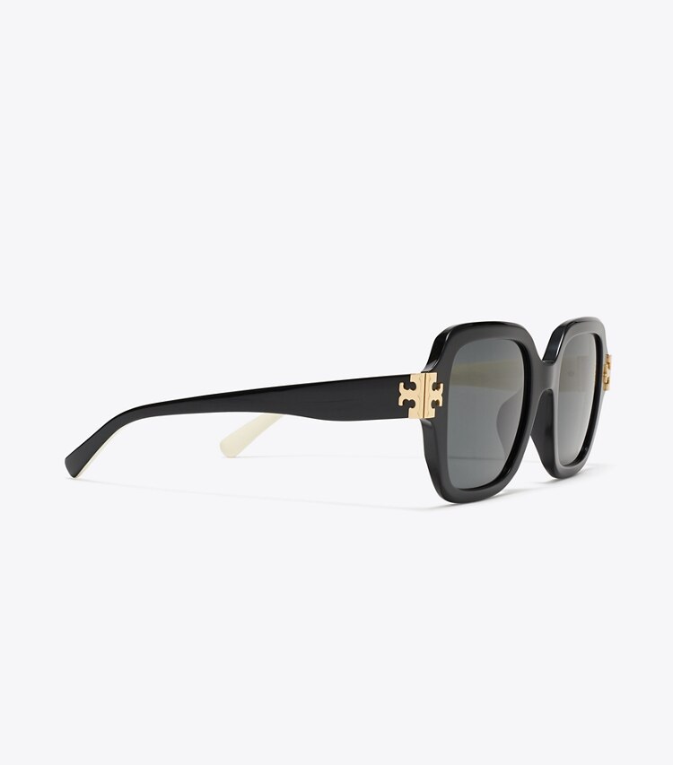 Tory Burch designer occhiali da vista & da sole Occhiali da sole quadrati Eleanor in BLACK/IVORY/DARK GRAY SOLID dettaglio