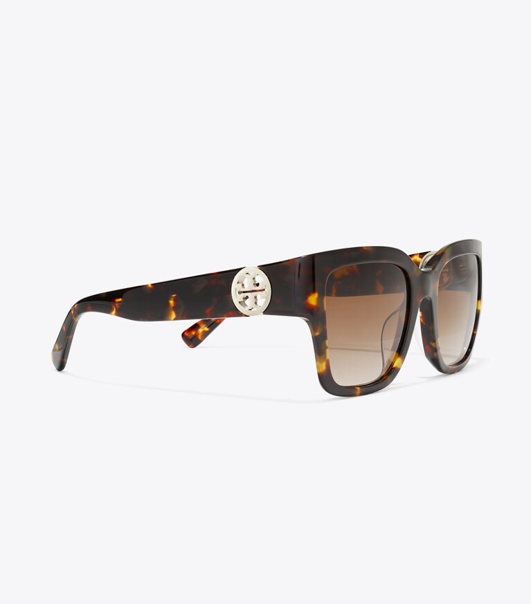 Tory Burch designer occhiali da vista & da sole Occhiali da sole quadrati Miller in DARK TORTOISE/ SOLID BROWN dettaglio