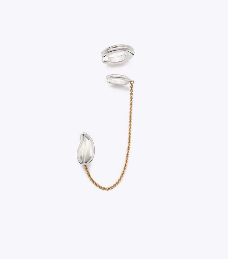 Tory Burch designer ohrringe Ohrklemme mit Kette und Piercingdetail in Light Brass / Light Silver additional