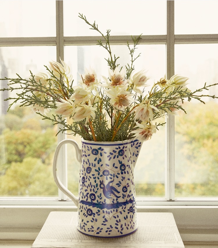 Tory Burch designer tabletop & drinkware Oiseau Pitcher in Blue editorial