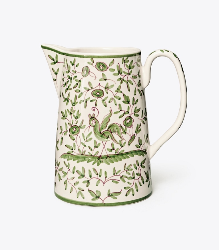 Tory Burch designer tabletop & drinkware Oiseau Pitcher in White/Green front