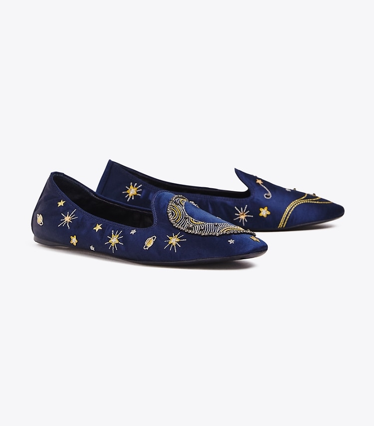 Tory Burch designer flats Olympia Embroidered Loafer in Perfect Navy angle