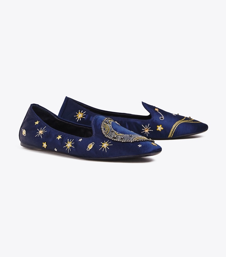 Tory Burch designer flats Olympia Embroidered Loafer in Perfect Navy angle