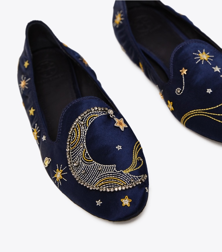 Tory Burch designer flats Olympia Embroidered Loafer in Perfect Navy angle