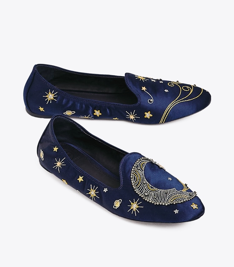 Tory Burch designer flats Olympia Embroidered Loafer in Perfect Navy overhead