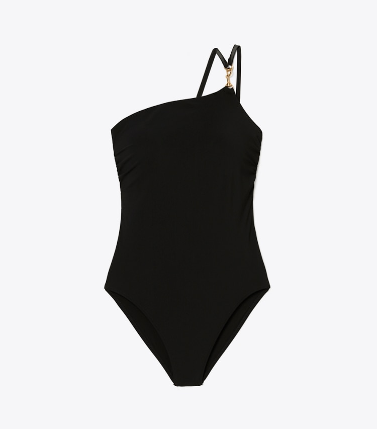 Tory Burch designer one pieces One-Shoulder Clip Swimsuit in Black (Core) front