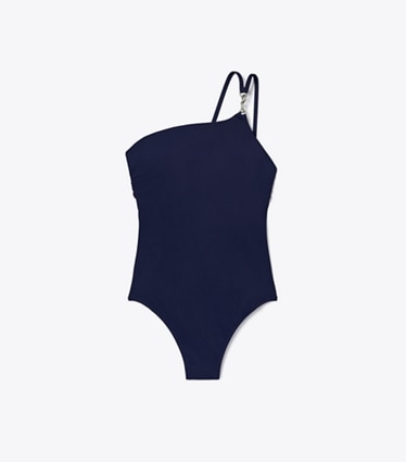 Tory Burch designer one pieces One-Shoulder Clip Swimsuit in Medium Navy front
