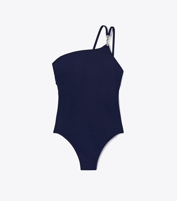 Tory Burch designer one pieces One-Shoulder Clip Swimsuit in Medium Navy front