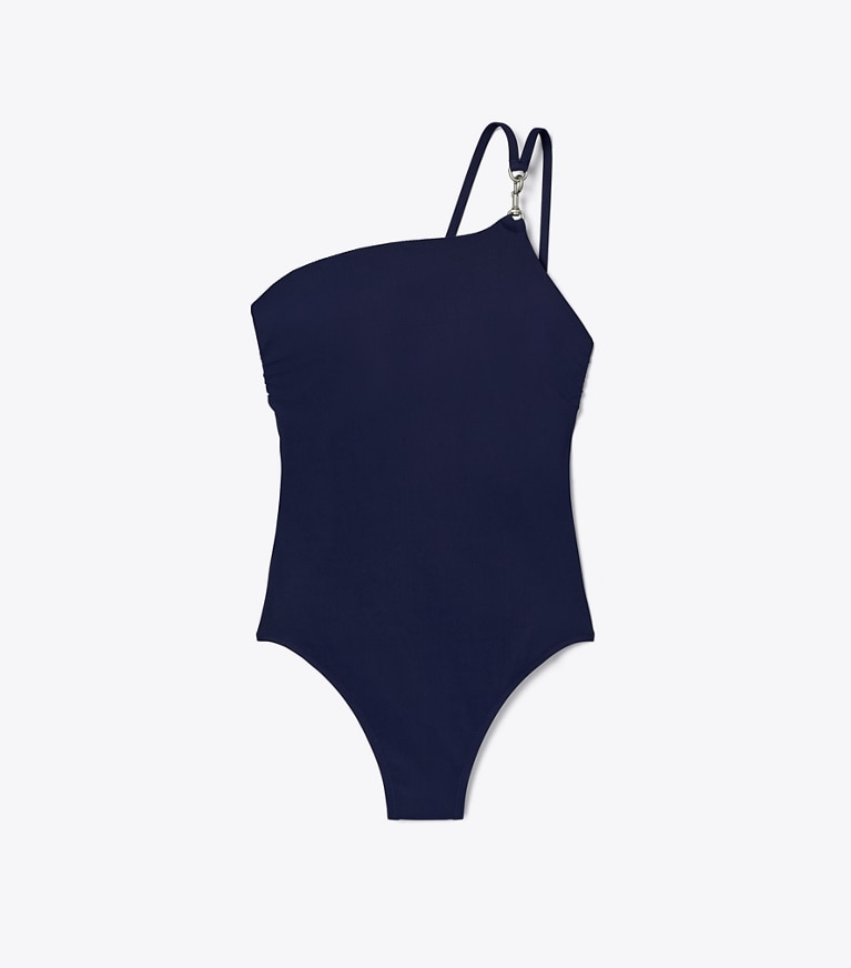Tory Burch designer one pieces One-Shoulder Clip Swimsuit in Medium Navy front