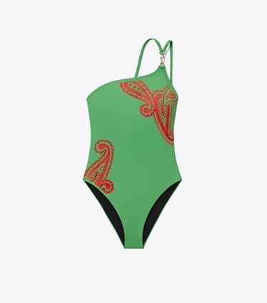 Tory Burch designer one pieces One-Shoulder Clip Swimsuit in Spring Jade Paisley front