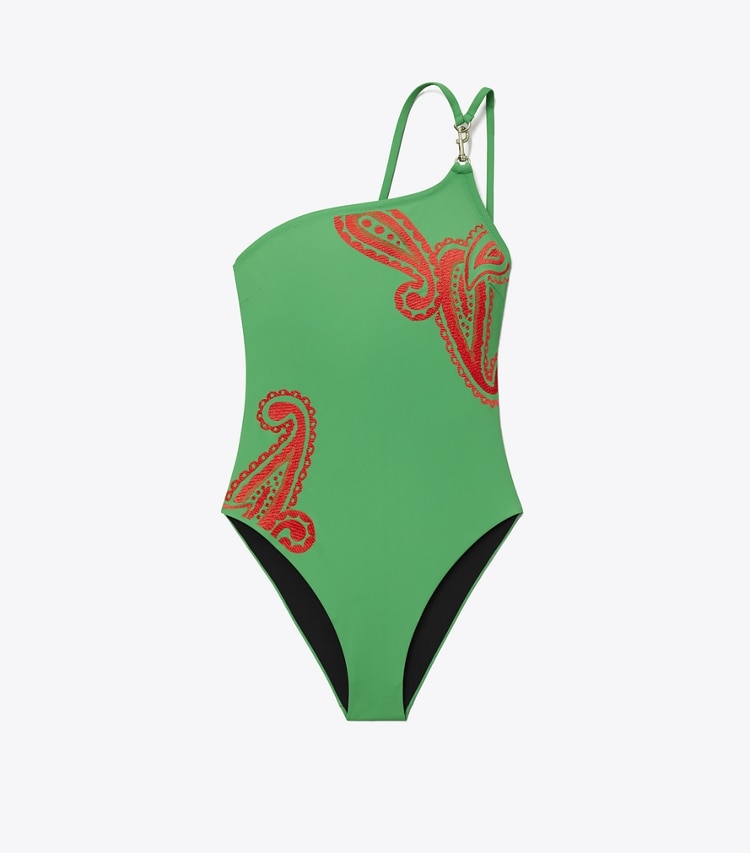 Tory Burch designer one pieces One-Shoulder Clip Swimsuit in Spring Jade Paisley front