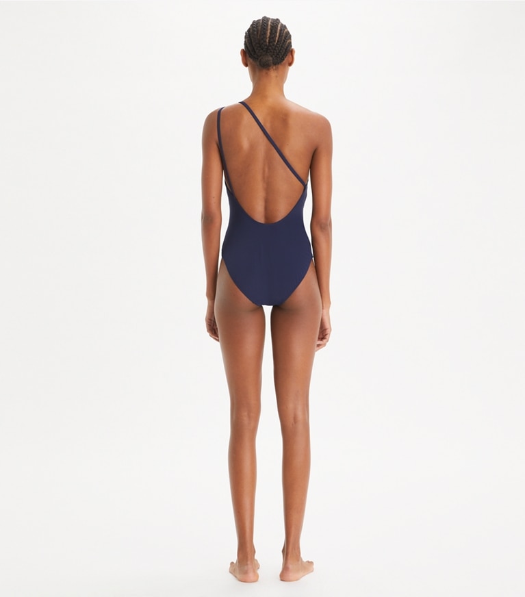 Tory Burch designer one pieces One-Shoulder Clip Swimsuit in Medium Navy front