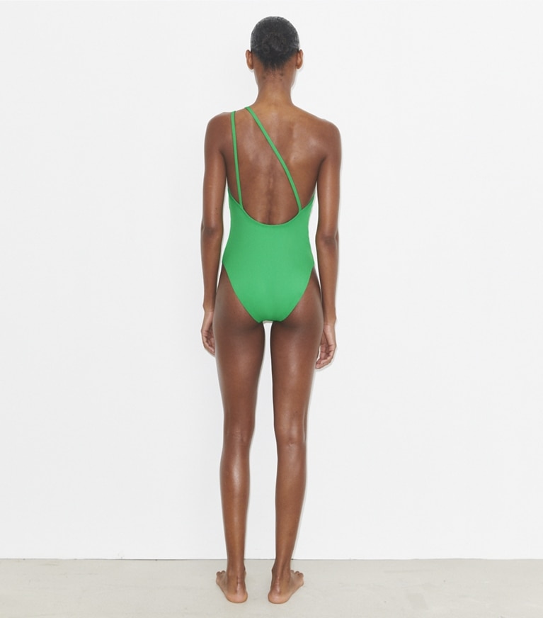 Tory Burch designer one pieces One-Shoulder Clip Swimsuit in Spring Jade Paisley front