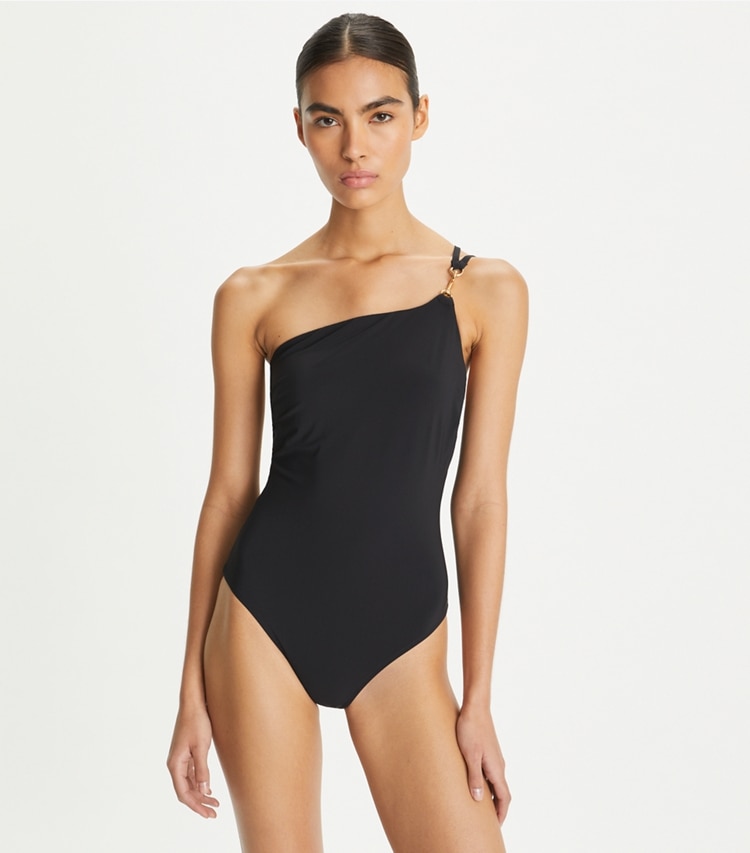 Tory Burch designer one pieces One-Shoulder Clip Swimsuit in Black (Core) on model detail