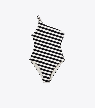 Tory Burch designer one pieces One Shoulder Striped Swimsuit in Black / Ivory front