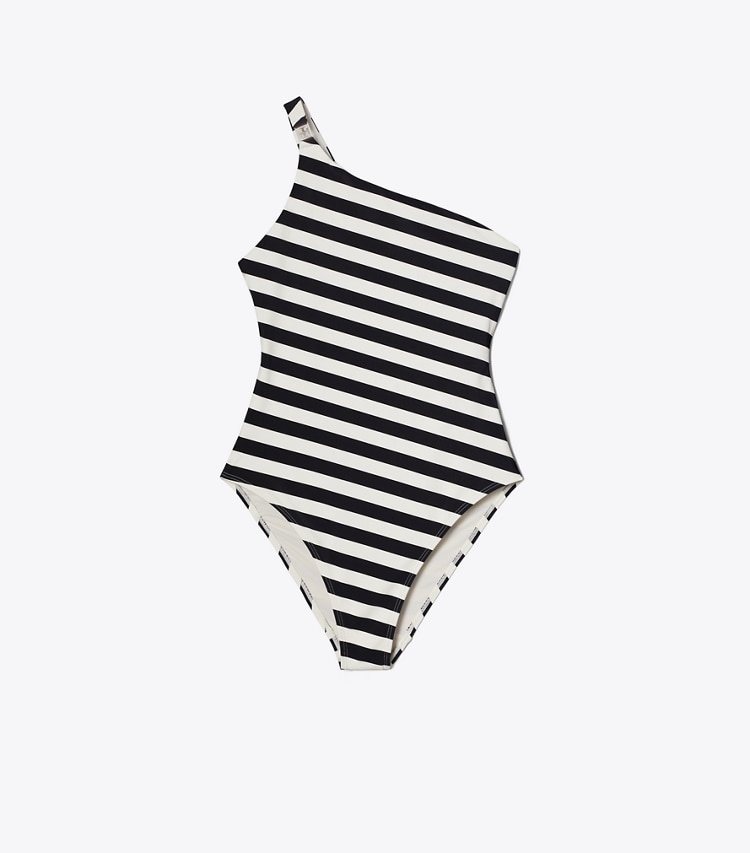Tory Burch designer une pièce One Shoulder Striped Swimsuit in Black / Ivory front
