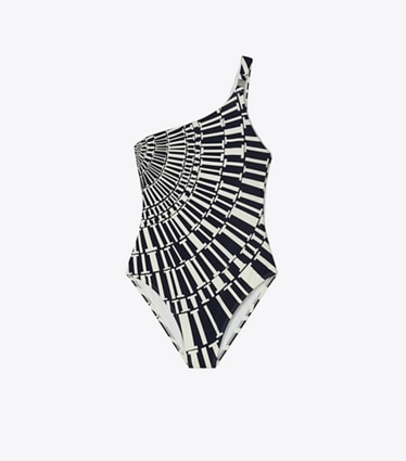 Tory Burch designer one pieces One-Shoulder Swimsuit in Medium Navy Circle T front