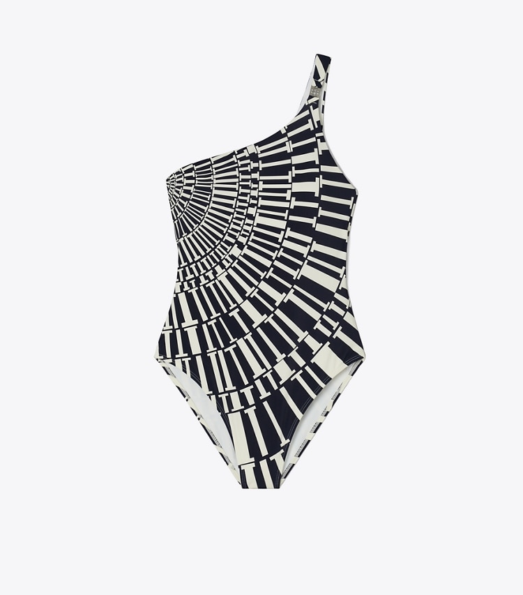 Tory Burch designer one pieces One-Shoulder Swimsuit in Medium Navy Circle T front