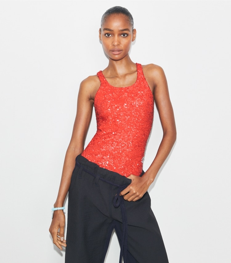 Tory Burch designer tops Open-Back Jersey Bodysuit in Pepperoncini on model detail