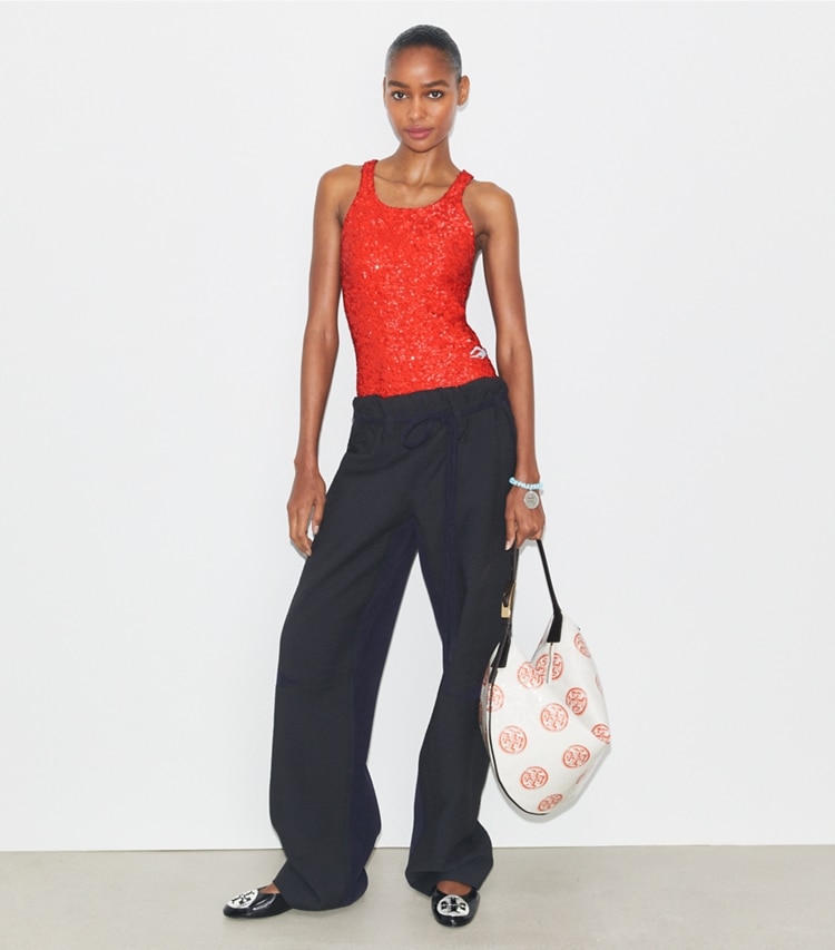 Tory Burch designer tops Open-Back Jersey Bodysuit in Pepperoncini on model front