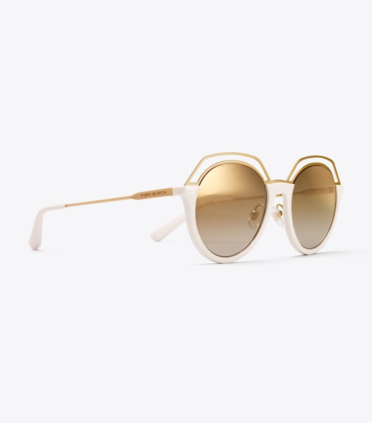 Tory Burch designer sunglasses & eyewear Open-Rim Round Sunglasses in Ivory/Matte Light Gold back