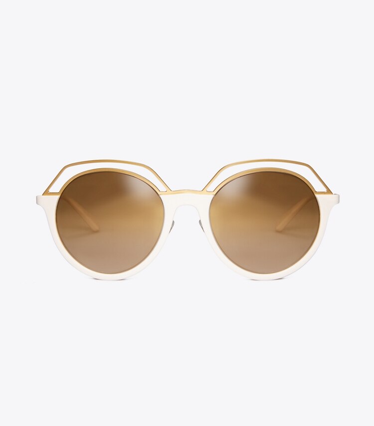 Tory Burch designer sunglasses & eyewear Open-Rim Round Sunglasses in Ivory/Matte Light Gold detail