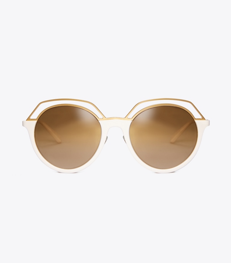 Tory Burch designer sunglasses & eyewear Open-Rim Round Sunglasses in Ivory/Matte Light Gold front