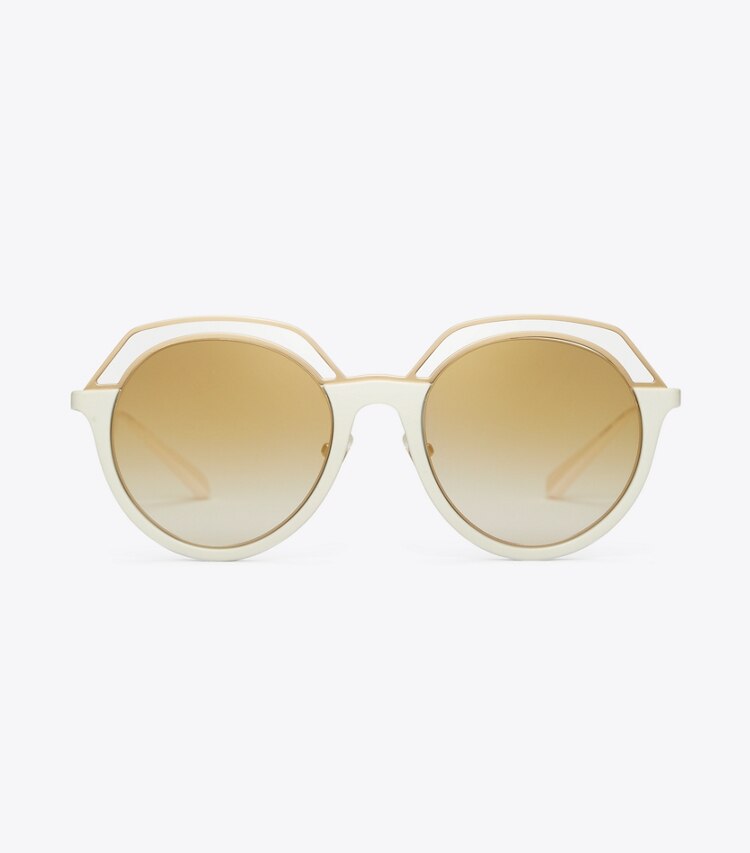 Tory Burch designer sunglasses & eyewear Open-Rim Round Sunglasses in Ivory/Matte Light Gold front