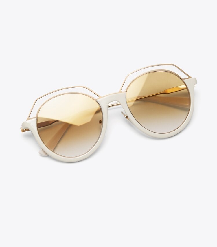 Tory Burch designer sunglasses & eyewear Open-Rim Round Sunglasses in Ivory/Matte Light Gold overhead