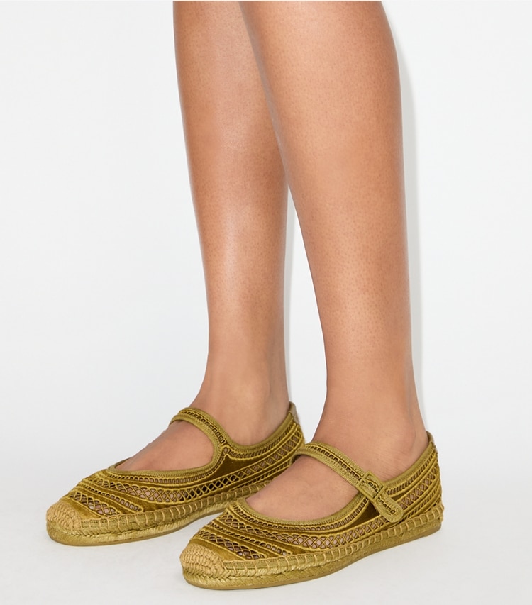 Tory Burch designer espadrilles Open Weave Mary Jane Espadrille in OLIVE TWIG accessory on model