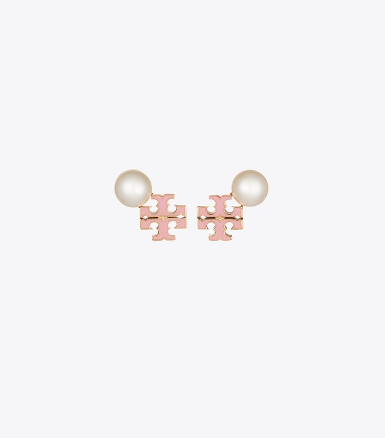 Tory Burch designer orecchini Orecchini a borchia con logo e perle Moondance in Light Brass / Pearl / Pink front