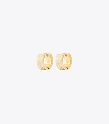 Tory Burch designer orecchini Orecchini a cerchio piccoli Icon T Monogram in Tory Gold / New Ivory front