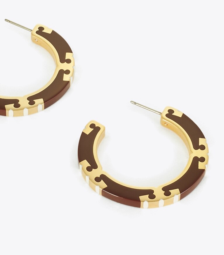 Tory Burch designer orecchini Orecchini a cerchio T Stripe in Tory Gold / Burgundy / Pink front