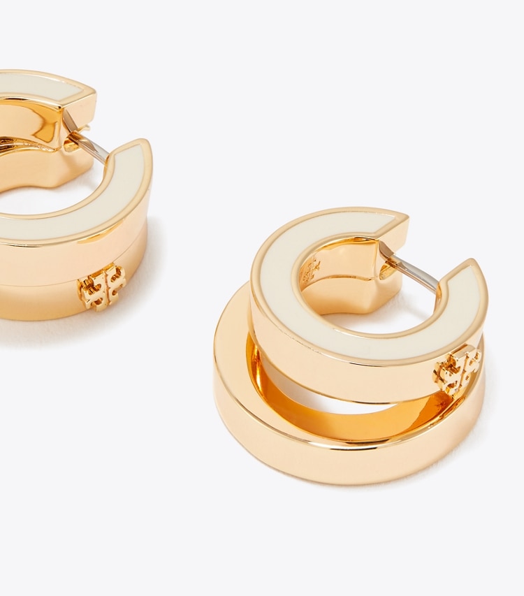 Tory Burch designer orecchini Orecchini a doppio cerchio smaltati Icon in Tory Gold / New Ivory dettaglio
