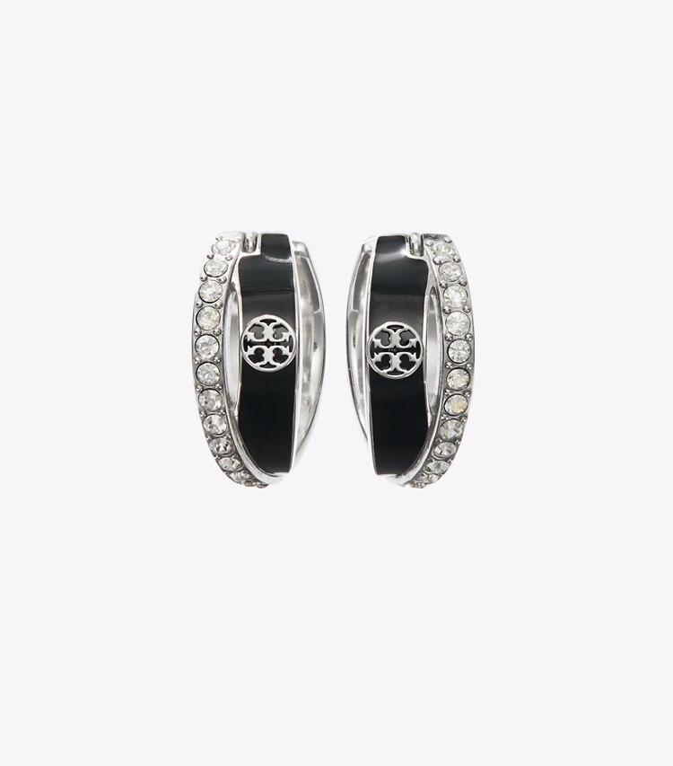 Tory Burch designer orecchini Orecchini a doppio cerchio smaltati Icon in Tory Silver / BLACK / Crystal dettaglio