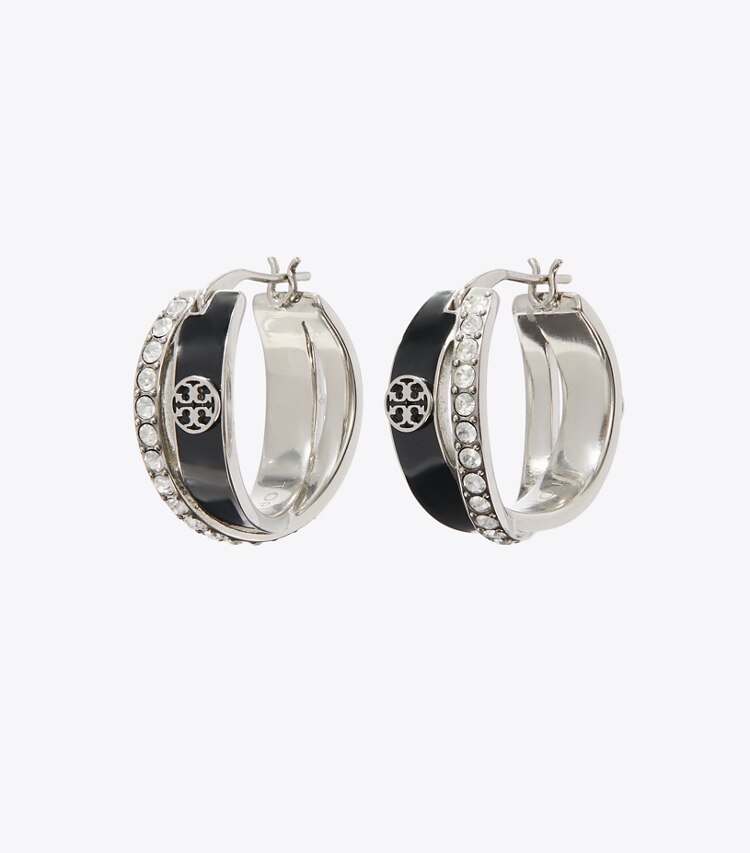Tory Burch designer orecchini Orecchini a doppio cerchio smaltati Icon in Tory Silver / BLACK / Crystal front