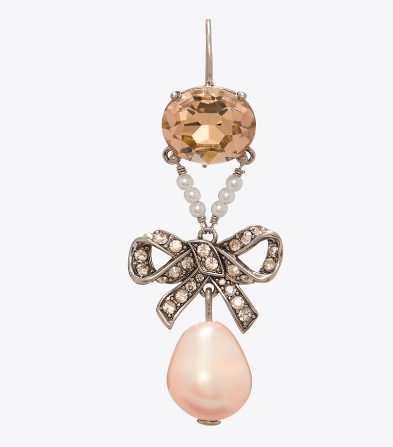 Tory Burch designer orecchini Orecchini a fiocco Curiosity in Antique Silver / Crystal / Pink dettaglio